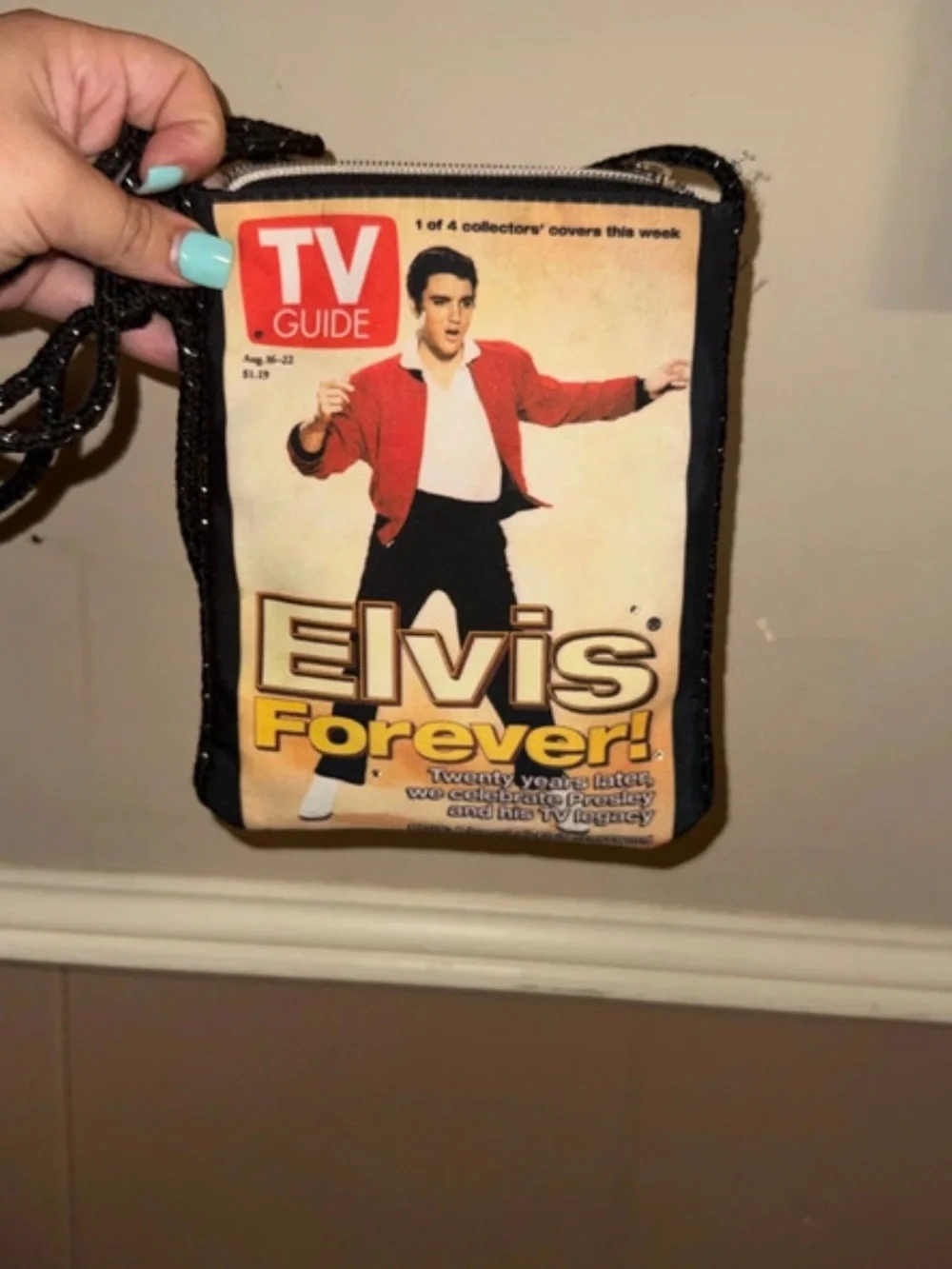 Elvis Forever TV Guide Printed Crossbody Satchel - Black/Tan/Red